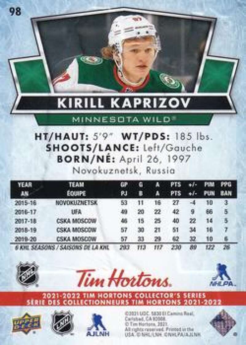 2021-22 Upper Deck Tim Hortons #98 Kirill Kaprizov Hockey Minnesota Wild  Image 2