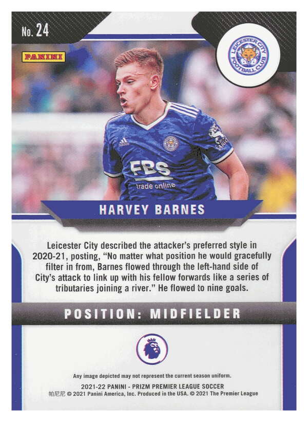 2021-22 Panini Prizm Premier League Soccer #24 Harvey Barnes  Leicester   V97423 Image 2