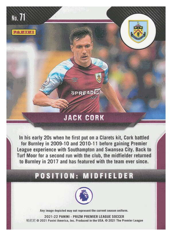 2021-22 Panini Prizm Premier League Soccer #71 Jack Cork  Burnley  V97433 Image 2