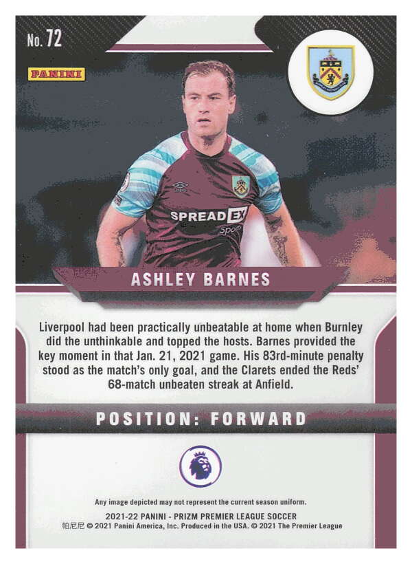 2021-22 Panini Prizm Premier League Soccer #72 Ashley Barnes  Burnley  V97435 Image 2