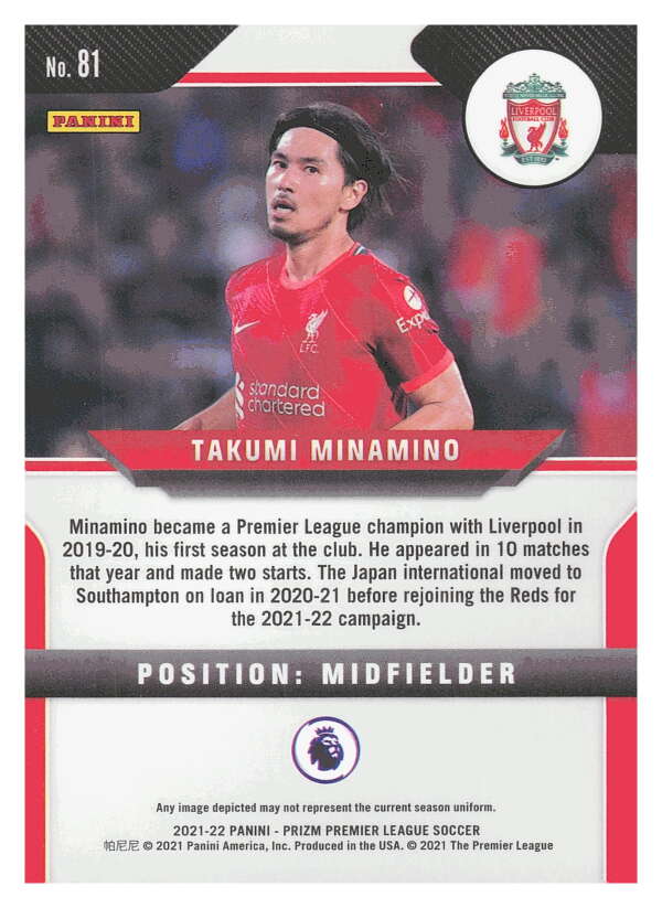 2021-22 Panini Prizm Premier League Soccer #81 Takumi Minamino  Liverpool  V97436 Image 2