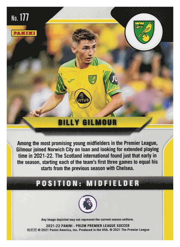 2021-22 Panini Prizm Premier League Soccer #177 Billy Gilmour  Norwich   V97454 Image 2