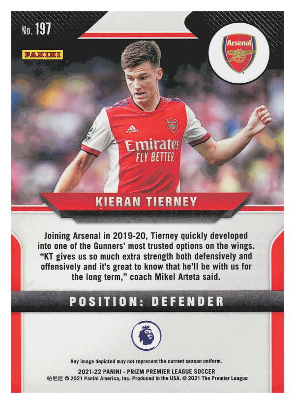 2021-22 Panini Prizm Premier League Soccer #197 Kieran Tierney  Arsenal  V97458 Image 2
