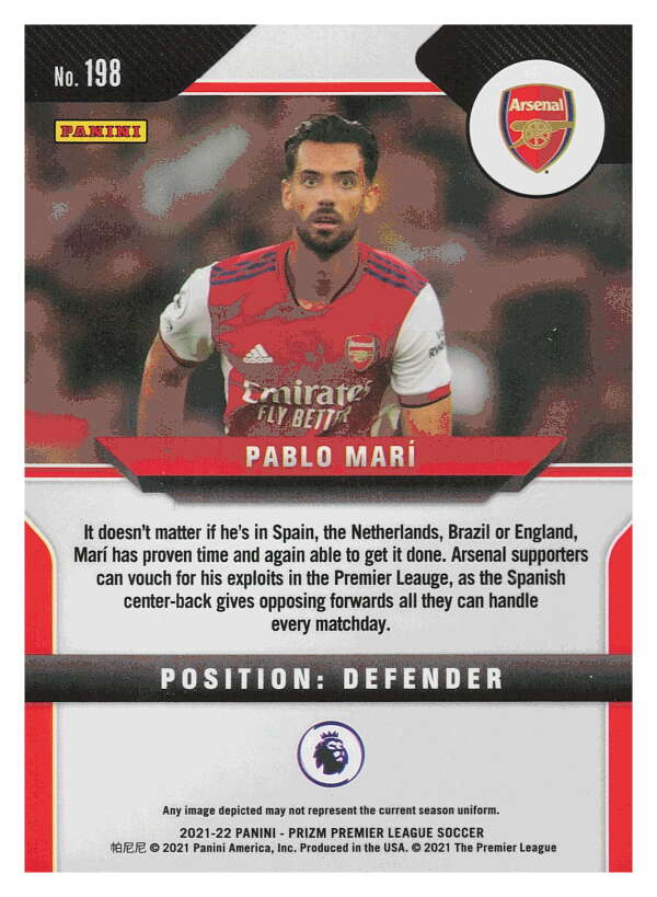 2021-22 Panini Prizm Premier League Soccer #198 Pablo Mari  Arsenal  V97459 Image 2