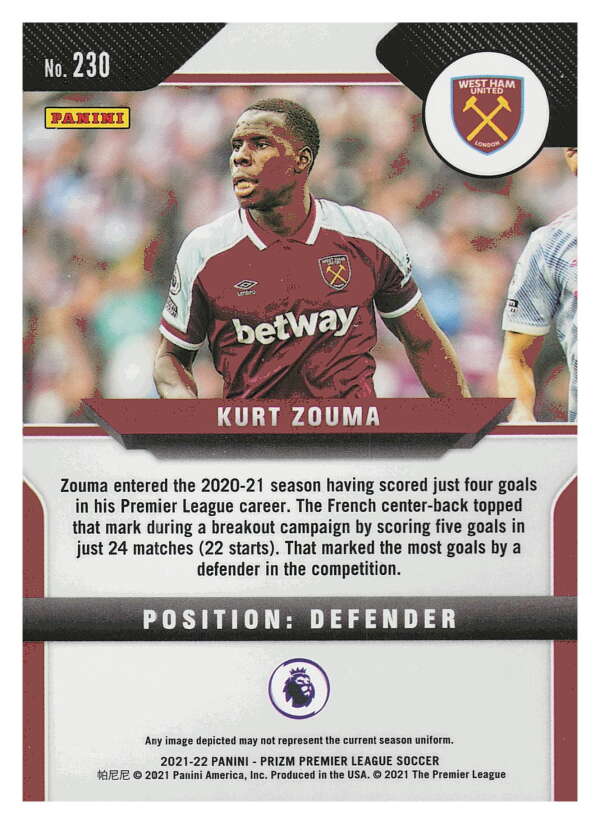 2021-22 Panini Prizm Premier League Soccer #230 Kurt Zouma  West Ham   V97466 Image 2