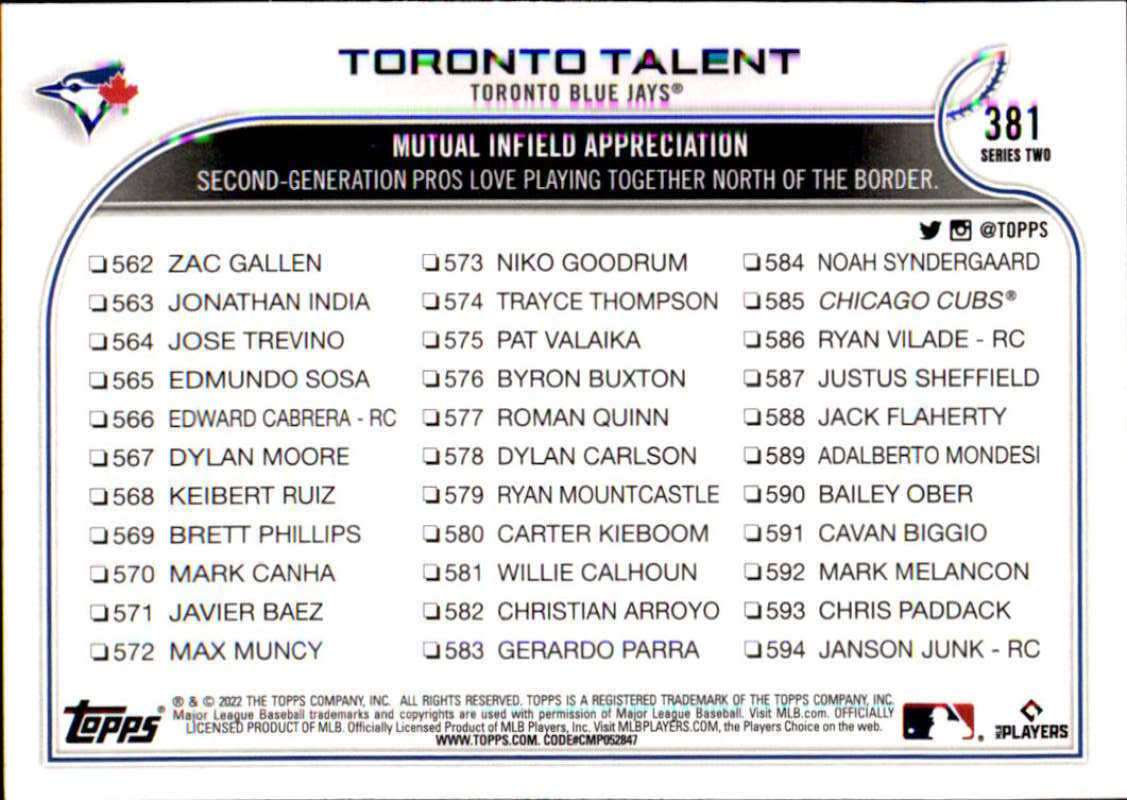 2022 Topps Baseball  #381 Guerrero Jr./Bichette  Toronto Blue Jays  Image 2