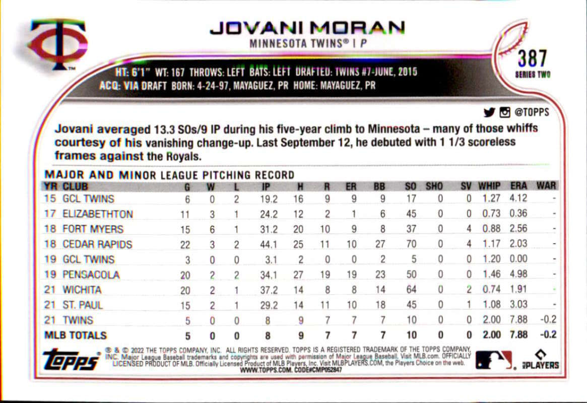 2022 Topps Baseball  #387 Jovani Moran  RC Rookie Minnesota Twins  Image 2