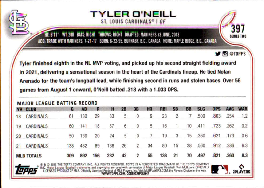 2022 Topps Baseball  #397 Tyler O'Neill  St. Louis Cardinals  Image 2