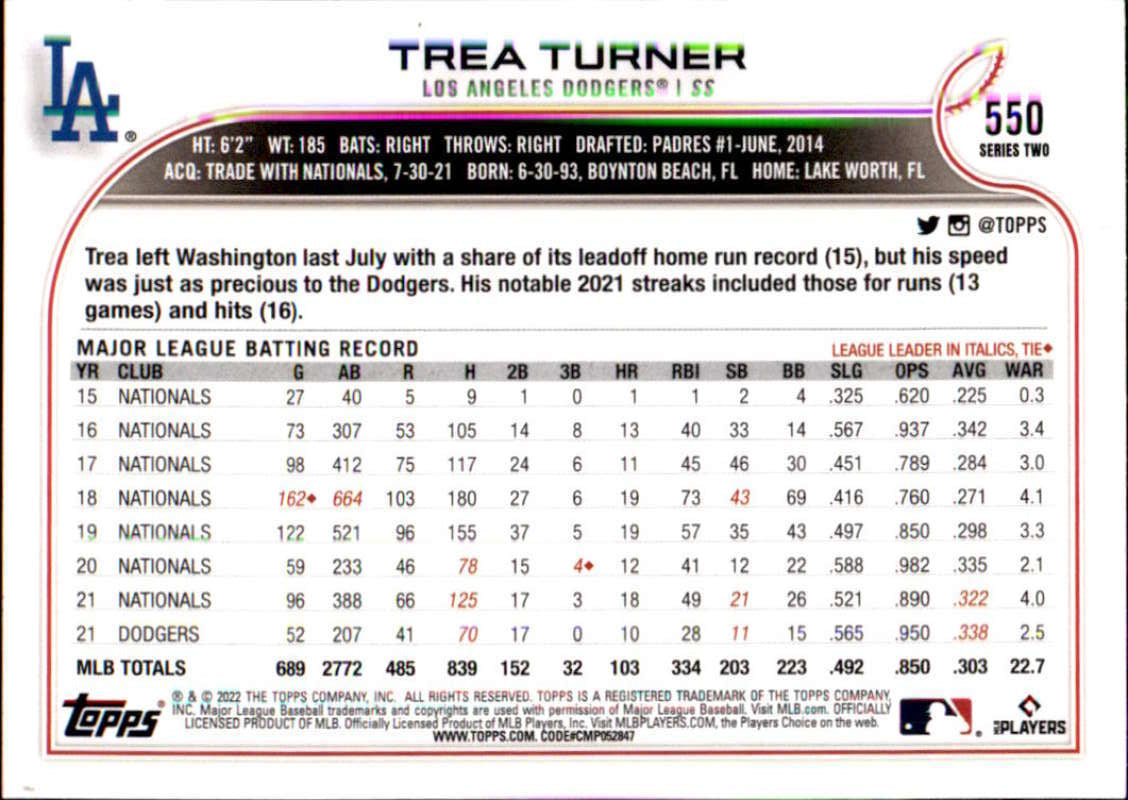 2022 Topps Baseball  #550 Trea Turner  Los Angeles Dodgers  Image 2