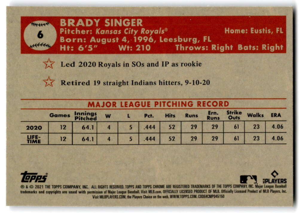 2021 Topps Chrome Platinum Anniversary #6 Brady Singer  RC Rookie  V97184 Image 2