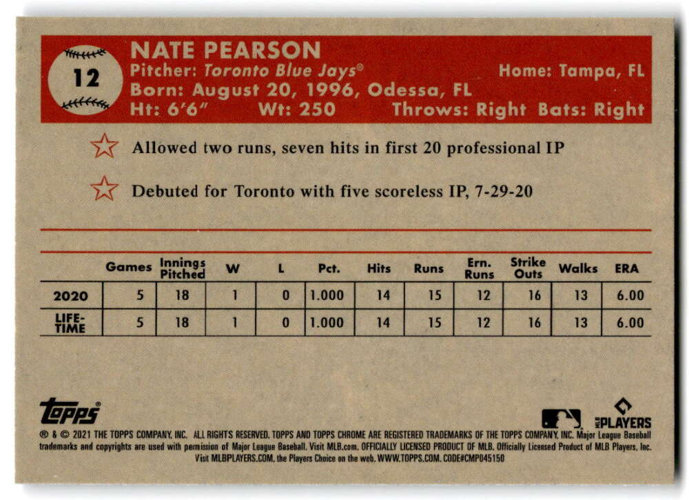 2021 Topps Chrome Platinum Anniversary #12 Nate Pearson  RC Rookie  V97185 Image 2
