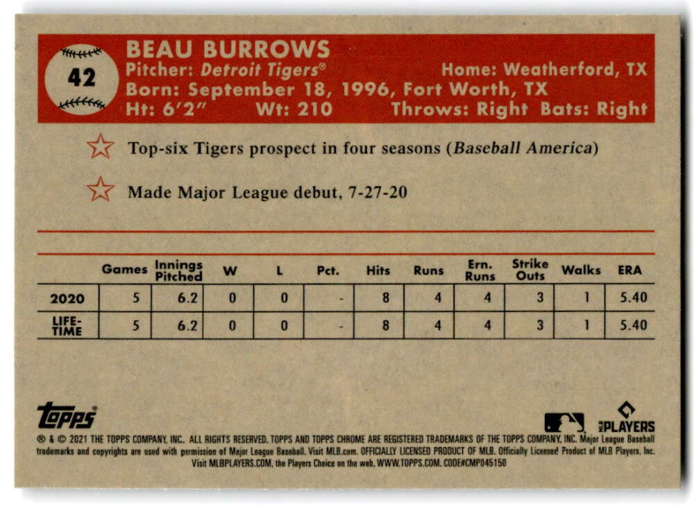 2021 Topps Chrome Platinum Anniversary #42 Beau Burrows  RC Rookie  V97187 Image 2