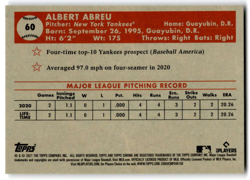 2021 Topps Chrome Platinum Anniversary #60 Albert Abreu  RC Rookie  V97188 Image 2
