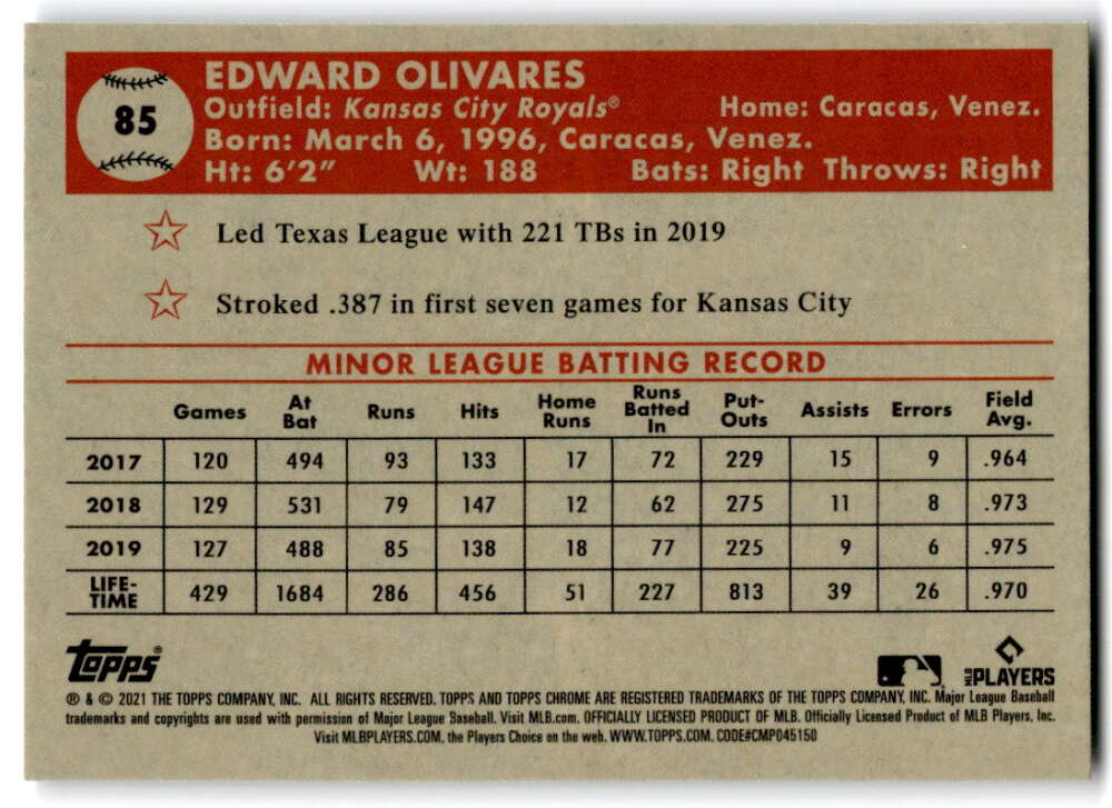 2021 Topps Chrome Platinum Anniversary #85 Edward Olivares  RC Rookie  V97190 Image 2