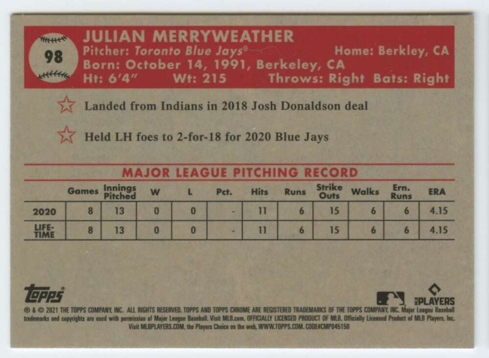 2021 Topps Chrome Platinum Anniversary #98 Julian Merryweather  RC Rookie  V97191 Image 2