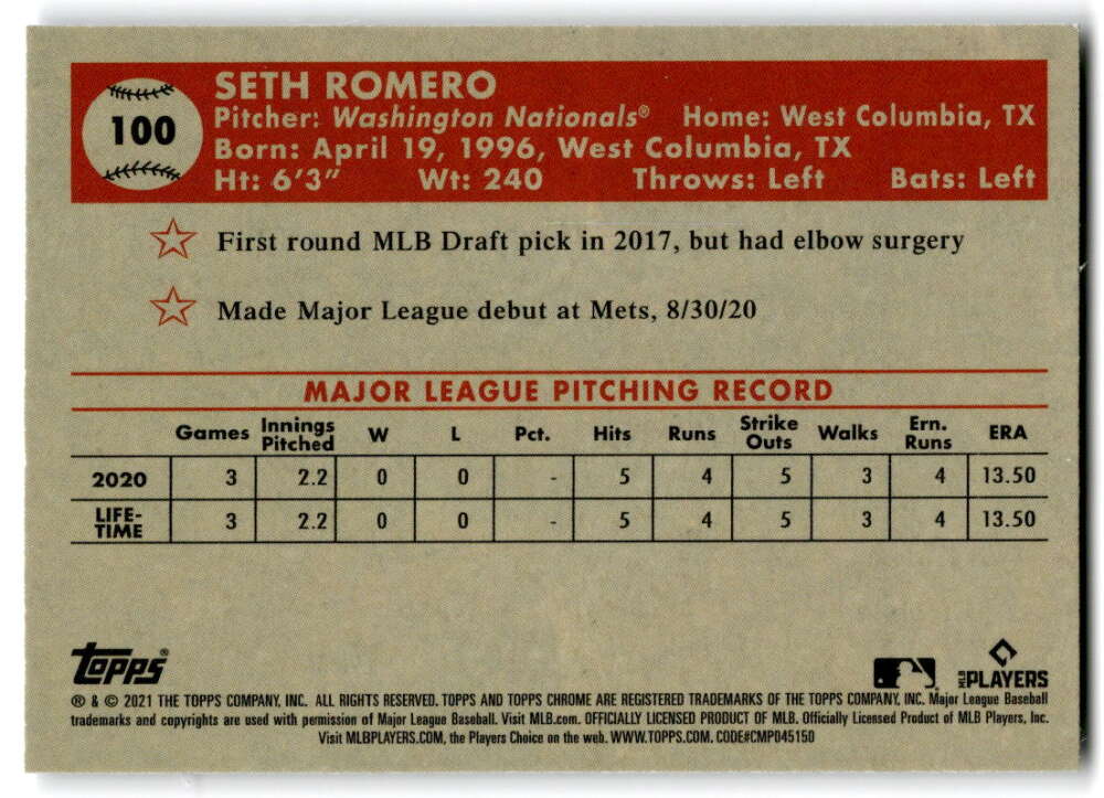 2021 Topps Chrome Platinum Anniversary #100 Seth Romero  RC Rookie  V97192 Image 2