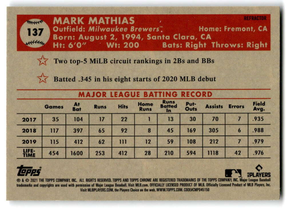 2021 Topps Chrome Platinum Anniversary #137 Mark Mathias  RC Rookie  V97195 Image 2