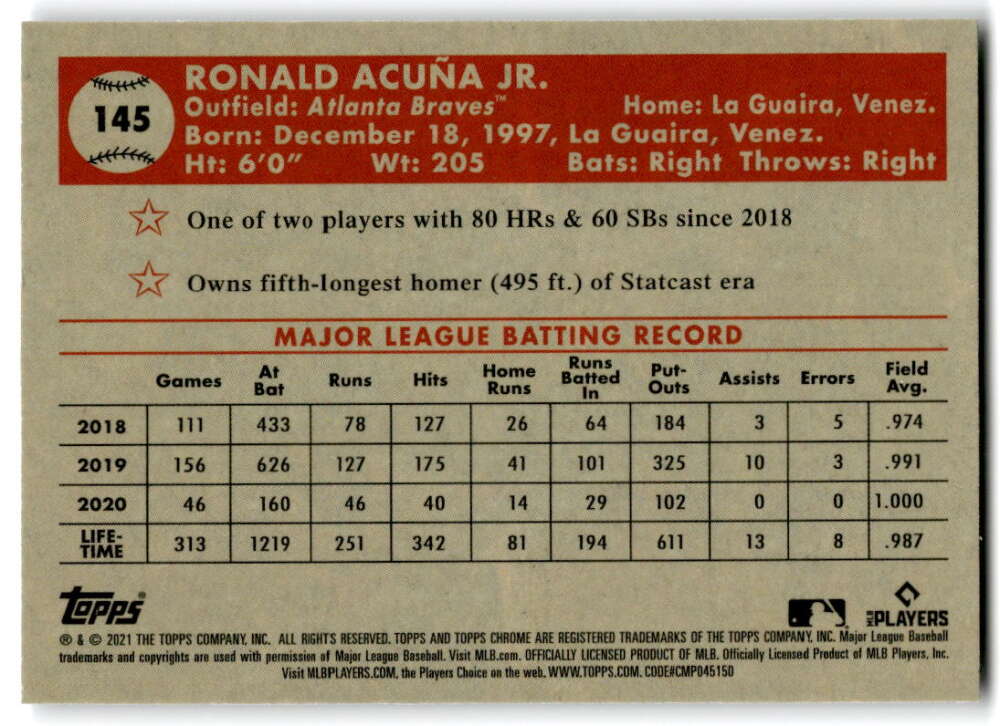 2021 Topps Chrome Platinum Anniversary #145 Ronald Acuna Jr.  Atlanta  V97196 Image 2
