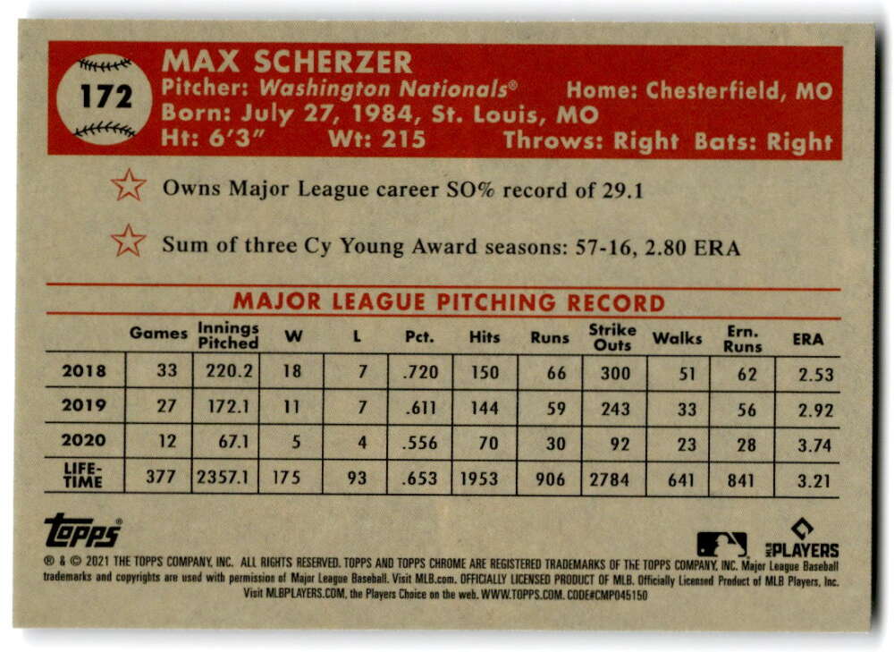 2021 Topps Chrome Platinum Anniversary #172 Max Scherzer  Washington  V97199 Image 2