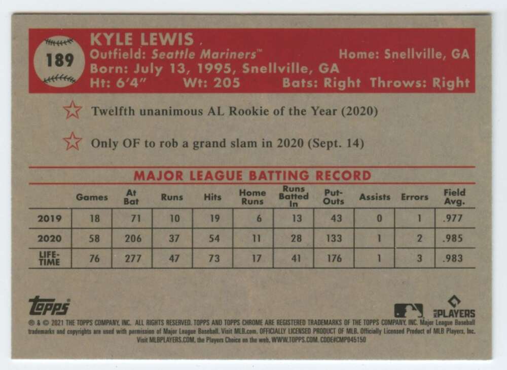 2021 Topps Chrome Platinum Anniversary #189 Kyle Lewis  Seattle Mariners  V97203 Image 2