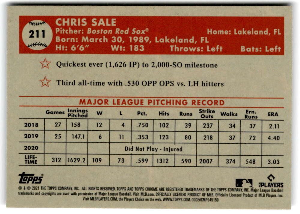 2021 Topps Chrome Platinum Anniversary #211 Chris Sale  Boston Red Sox  V97204 Image 2