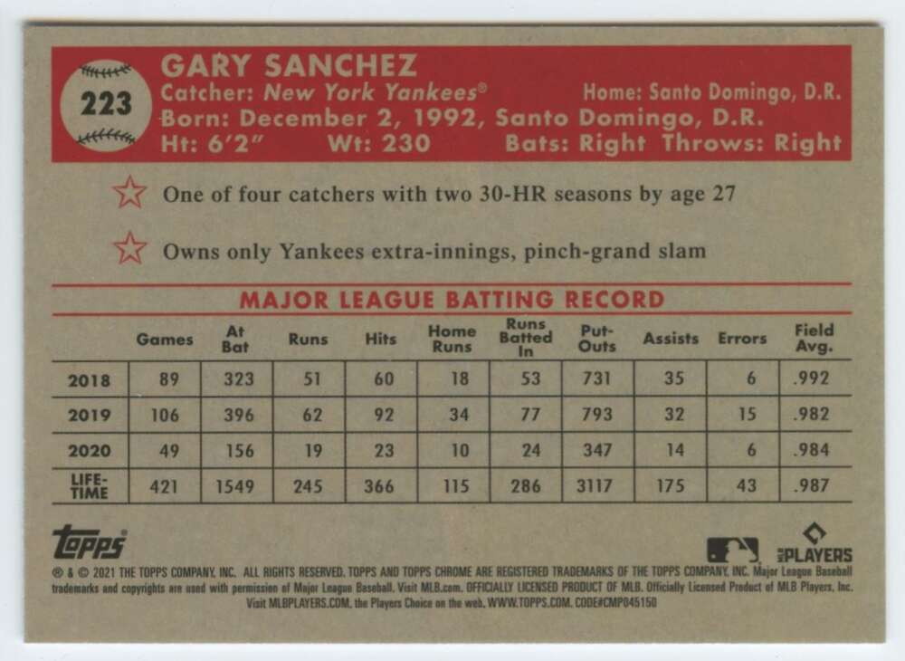 2021 Topps Chrome Platinum Anniversary #223 Gary Sanchez  New York  V97206 Image 2