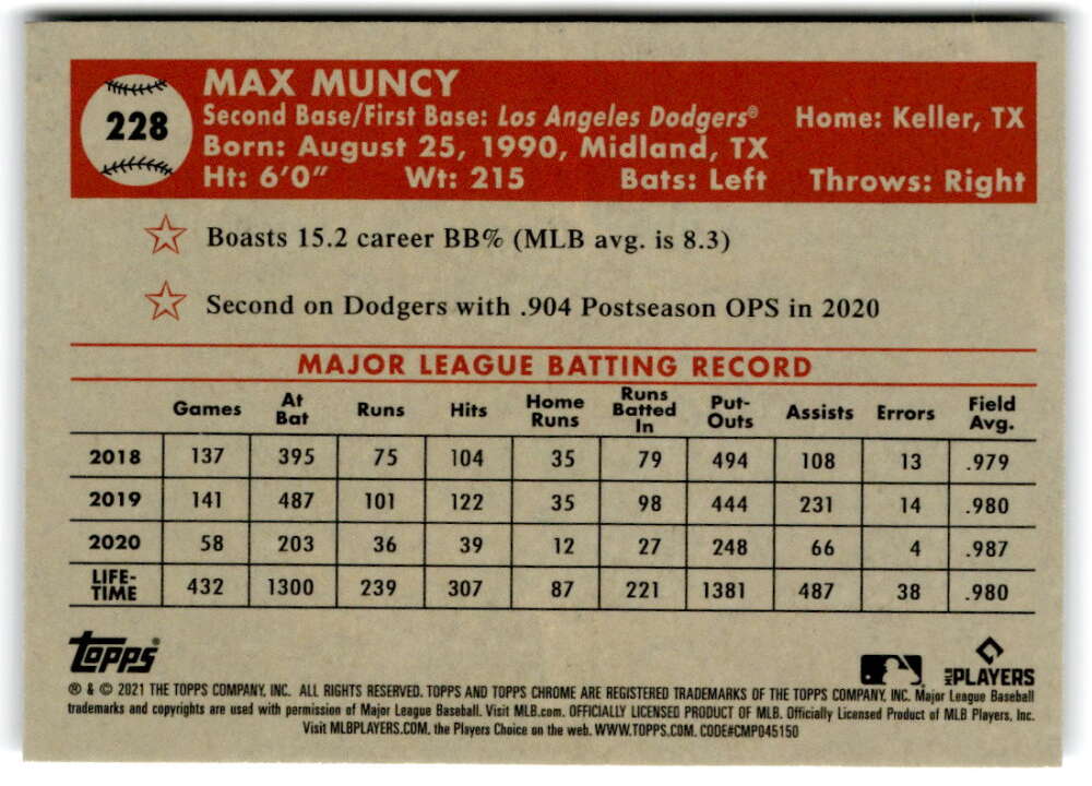 2021 Topps Chrome Platinum Anniversary #228 Max Muncy  Los Angeles  V97208 Image 2