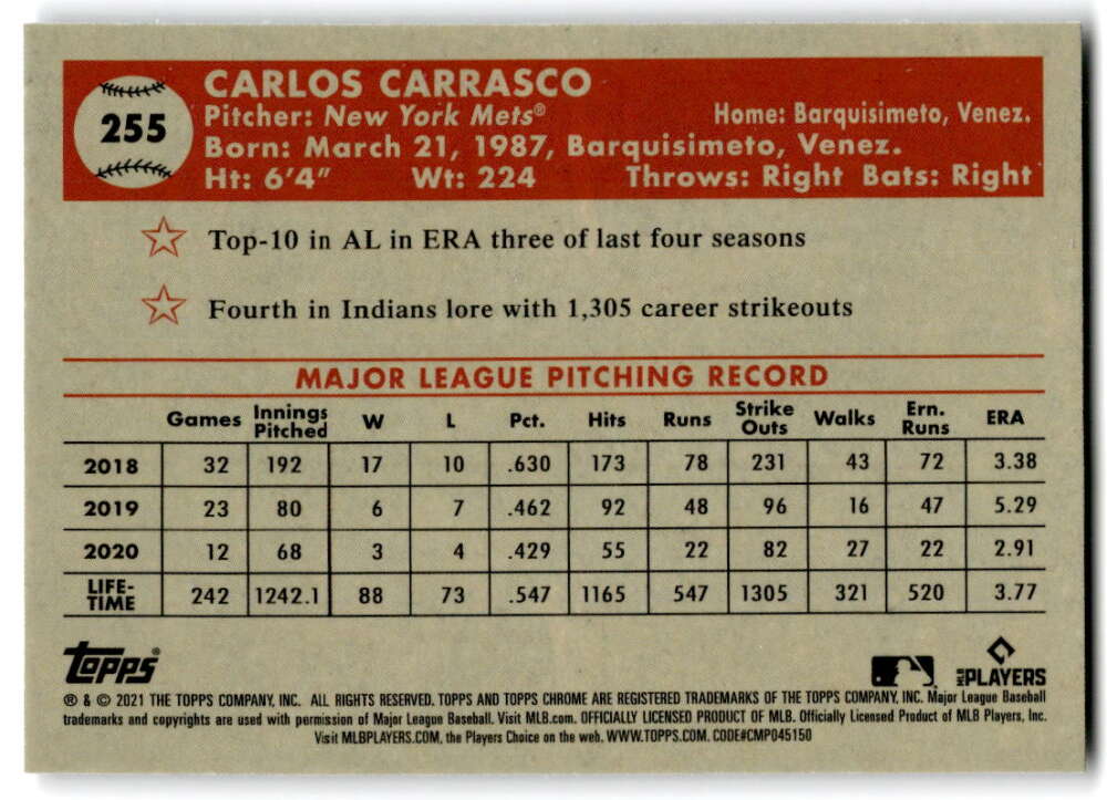 2021 Topps Chrome Platinum Anniversary #255 Carlos Carrasco  New York  V97213 Image 2