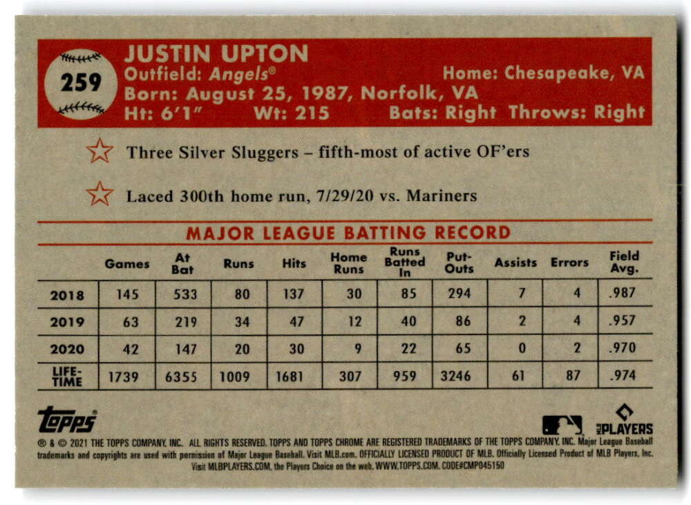 2021 Topps Chrome Platinum Anniversary #259 Justin Upton  Los Angeles  V97214 Image 2
