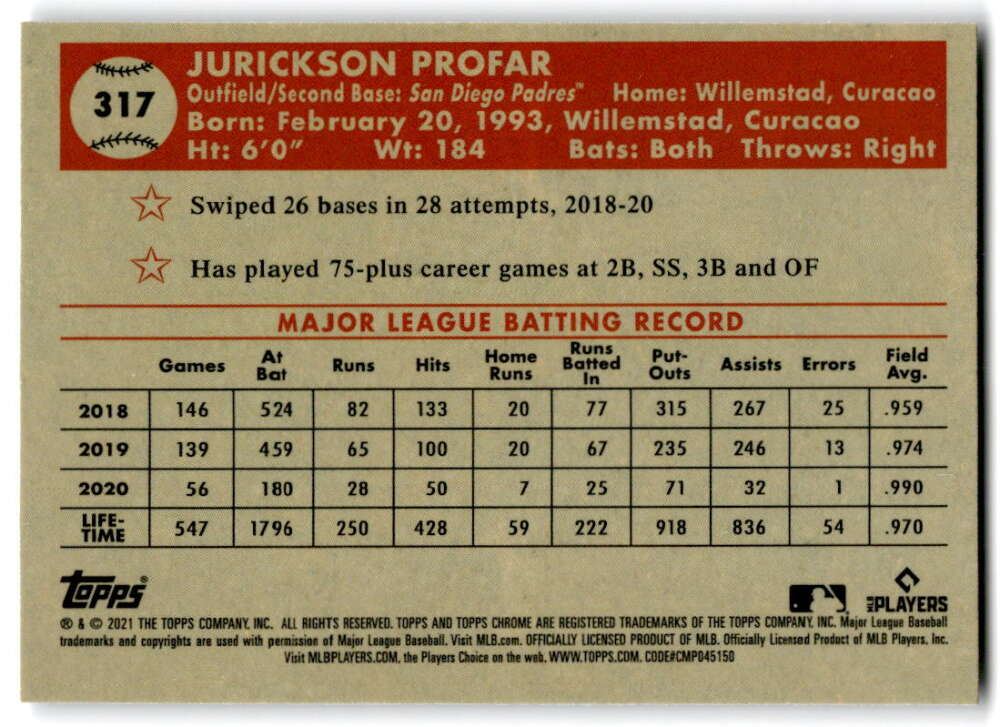 2021 Topps Chrome Platinum Anniversary #317 Jurickson Profar  San Diego  V97219 Image 2