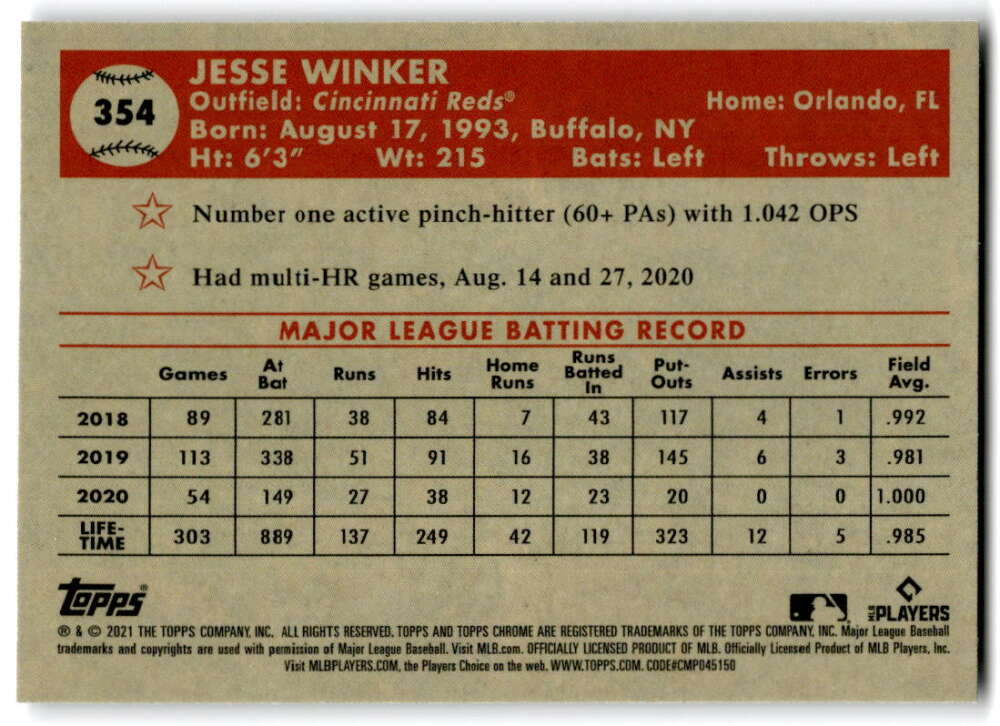 2021 Topps Chrome Platinum Anniversary #354 Jesse Winker  Cincinnati Reds  V97222 Image 2