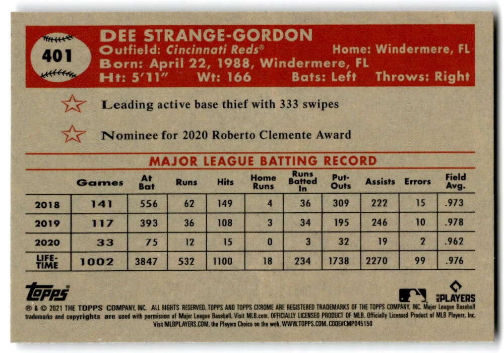 2021 Topps Chrome Platinum Anniversary #401 Dee Strange-Gordon  V97227 Image 2