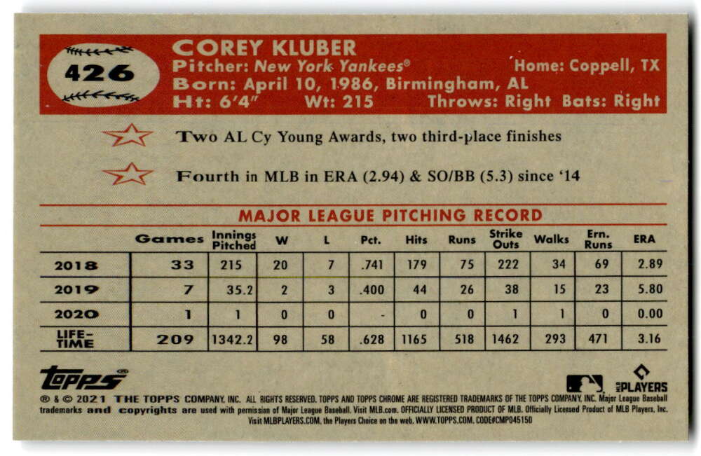 2021 Topps Chrome Platinum Anniversary #426 Corey Kluber  New York  V97229 Image 2