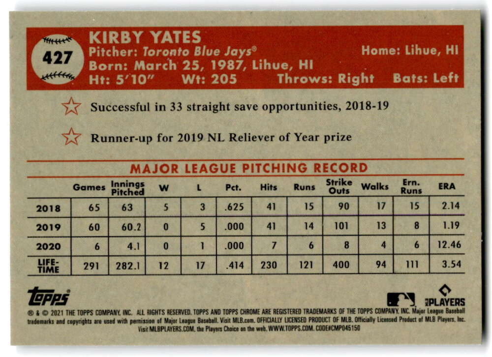 2021 Topps Chrome Platinum Anniversary #427 Kirby Yates  Toronto  V97230 Image 2