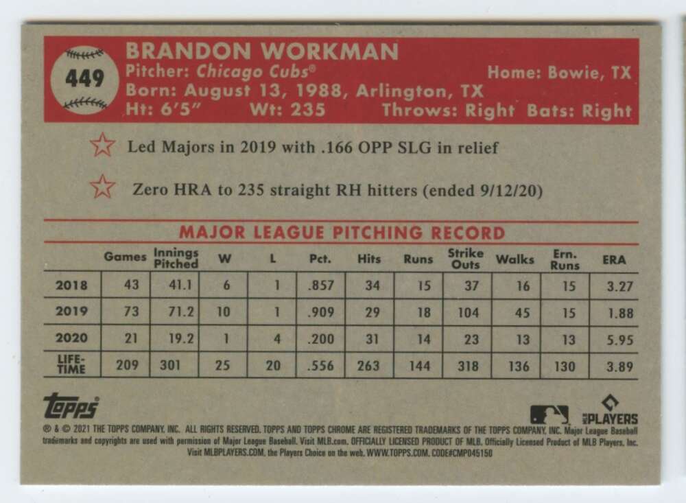 2021 Topps Chrome Platinum Anniversary #449 Brandon Workman  Chicago  V97233 Image 2