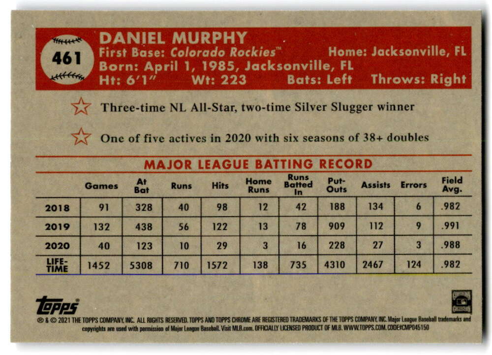 2021 Topps Chrome Platinum Anniversary #461 Daniel Murphy  Colorado   V97235 Image 2
