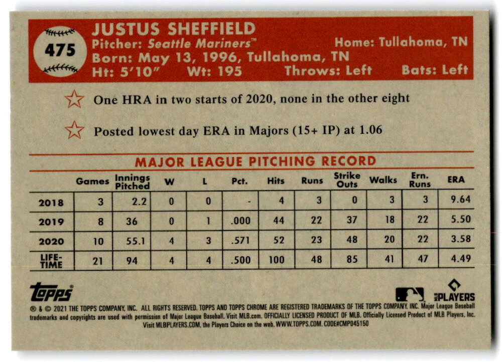 2021 Topps Chrome Platinum Anniversary #475 Justus Sheffield  Seattle  V97237 Image 2