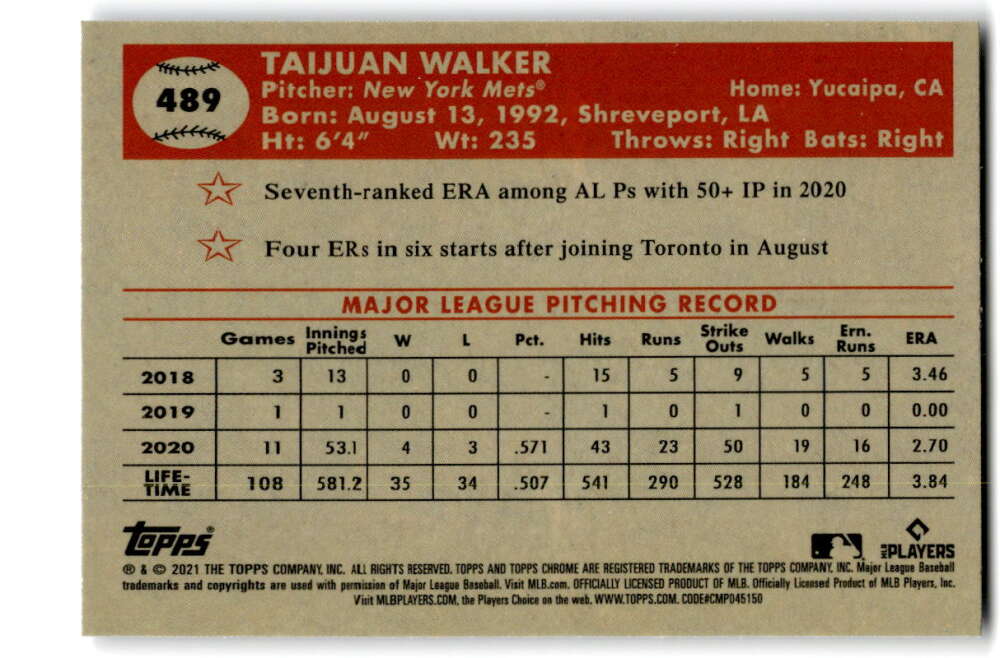 2021 Topps Chrome Platinum Anniversary #489 Taijuan Walker  New York Mets  V97239 Image 2