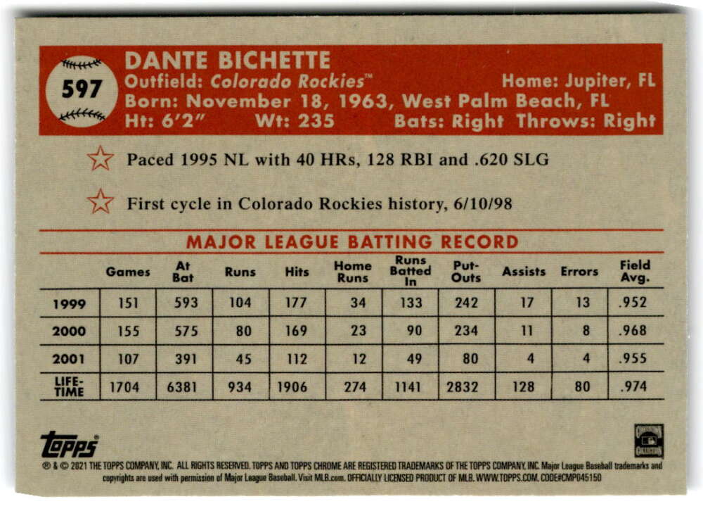 2021 Topps Chrome Platinum Anniversary #597 Dante Bichette  Colorado  V97248 Image 2