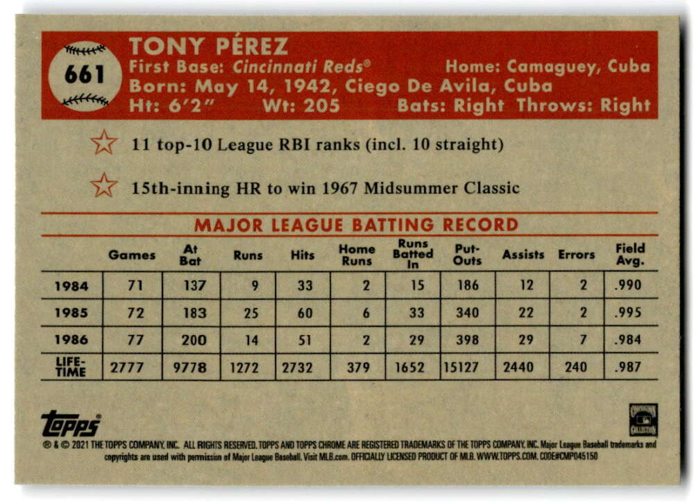2021 Topps Chrome Platinum Anniversary #661 Tony Perez  Cincinnati Reds  V97258 Image 2
