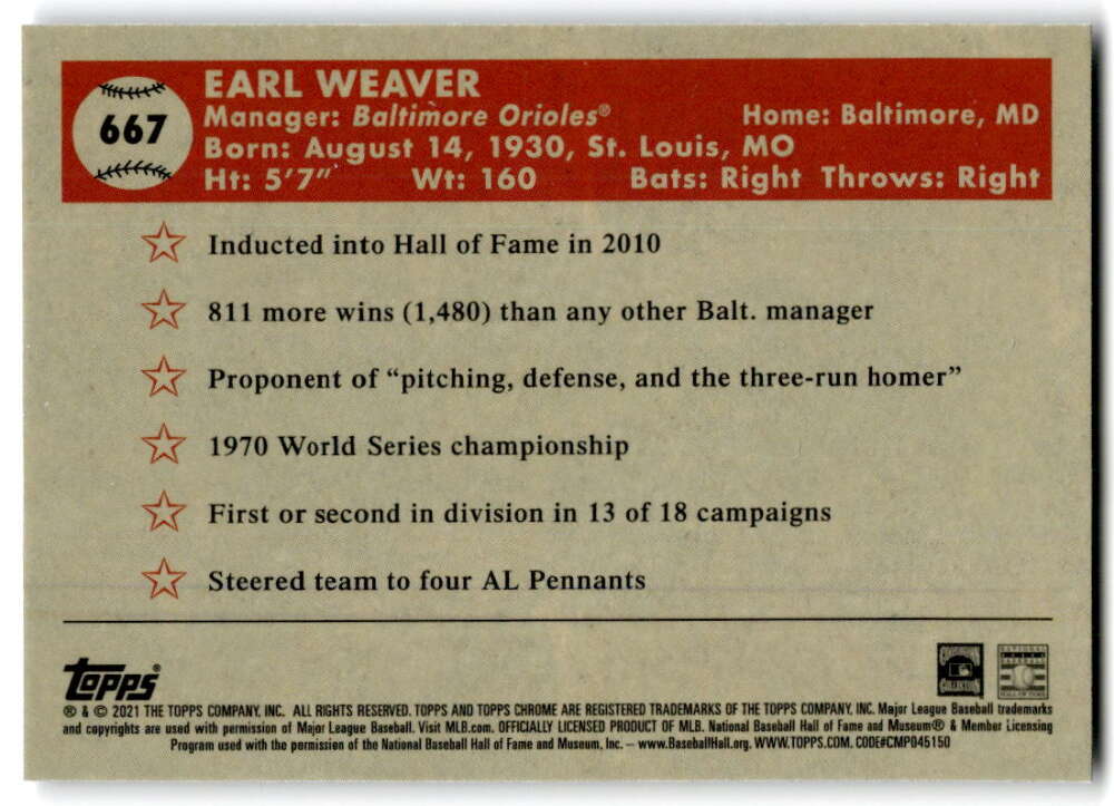 2021 Topps Chrome Platinum Anniversary #667 Earl Weaver  Baltimore  V97259 Image 2