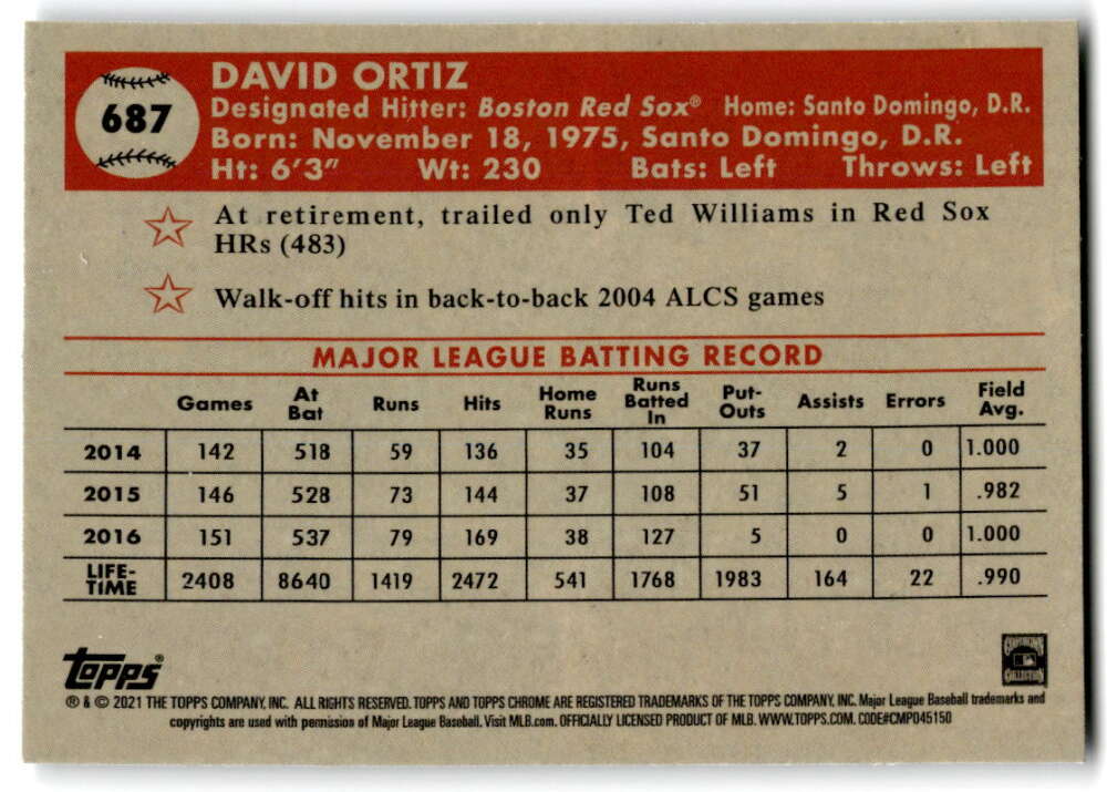 2021 Topps Chrome Platinum Anniversary #687 David Ortiz  Boston Red Sox  V97261 Image 2