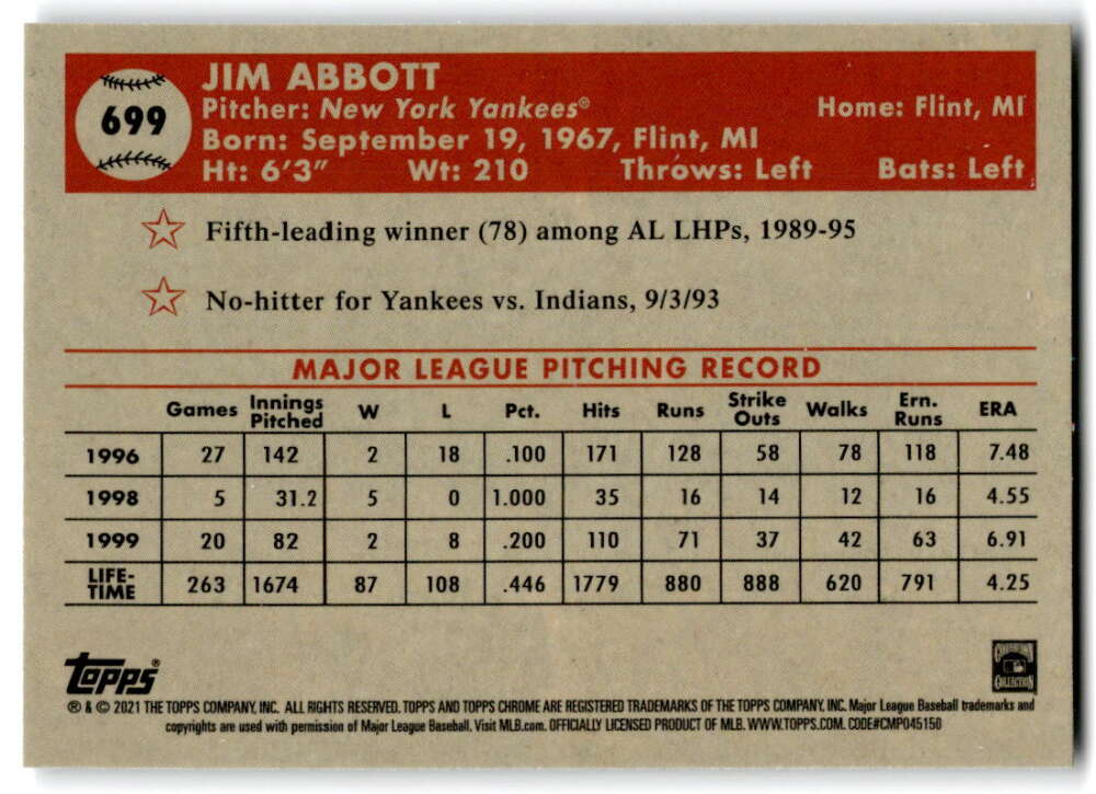 2021 Topps Chrome Platinum Anniversary #699 Jim Abbott  New York Yankees  V97263 Image 2