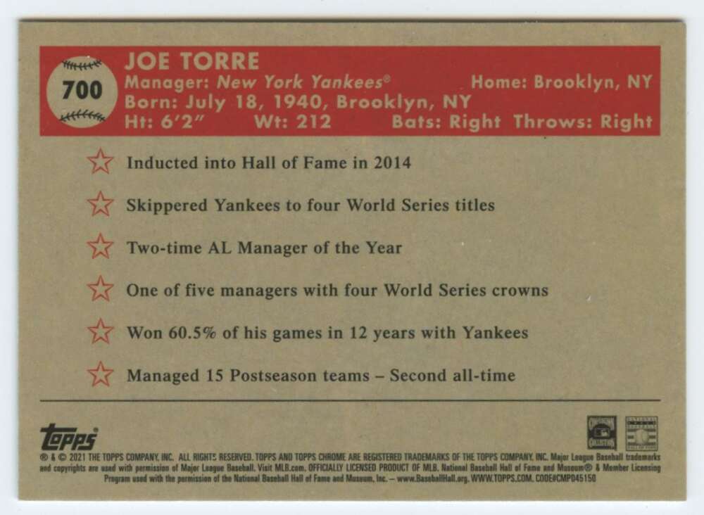 2021 Topps Chrome Platinum Anniversary #700 Joe Torre  New York Yankees  V97264 Image 2