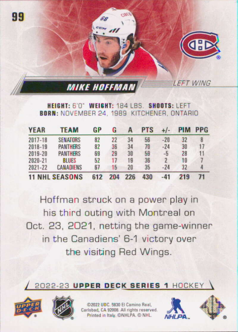2022-23 Upper Deck Hockey #99 Mike Hoffman  Montreal Canadiens  Image 2