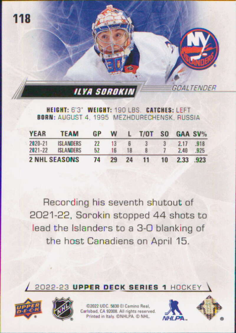 2022-23 Upper Deck Hockey #118 Ilya Sorokin  New York Islanders  Image 2