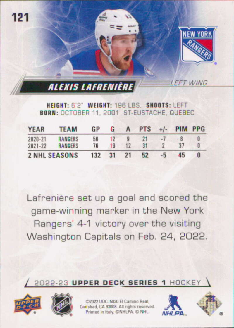 2022-23 Upper Deck Hockey #121 Alexis Lafreniere  New York Rangers  Image 2