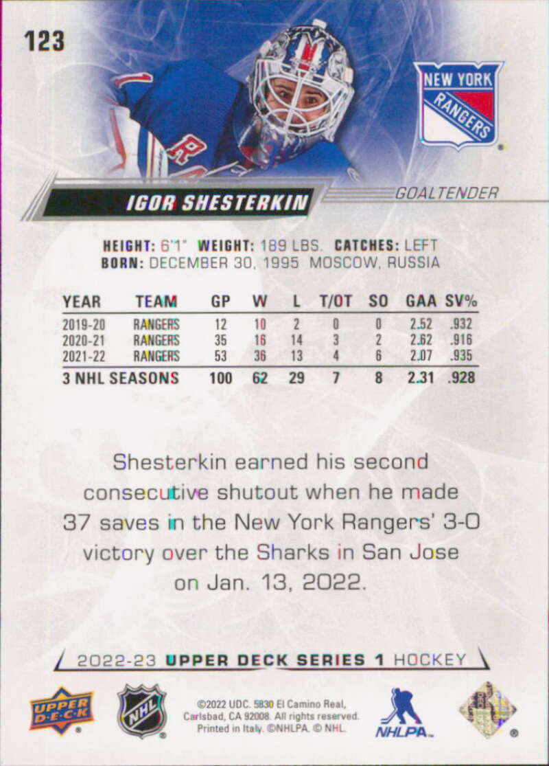 2022-23 Upper Deck Hockey #123 Igor Shesterkin  New York Rangers  Image 2