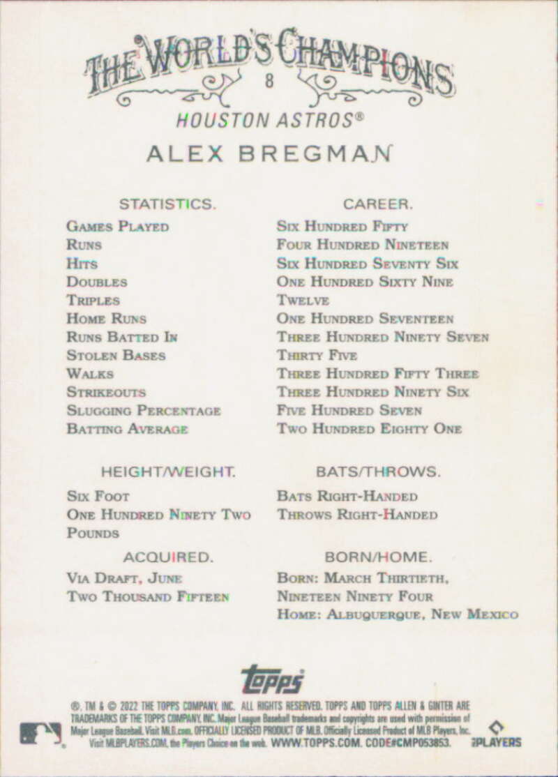2022 Topps Allen and Ginter Baseaball #8 Alex Bregman  Houston Astros  V97121 Image 2
