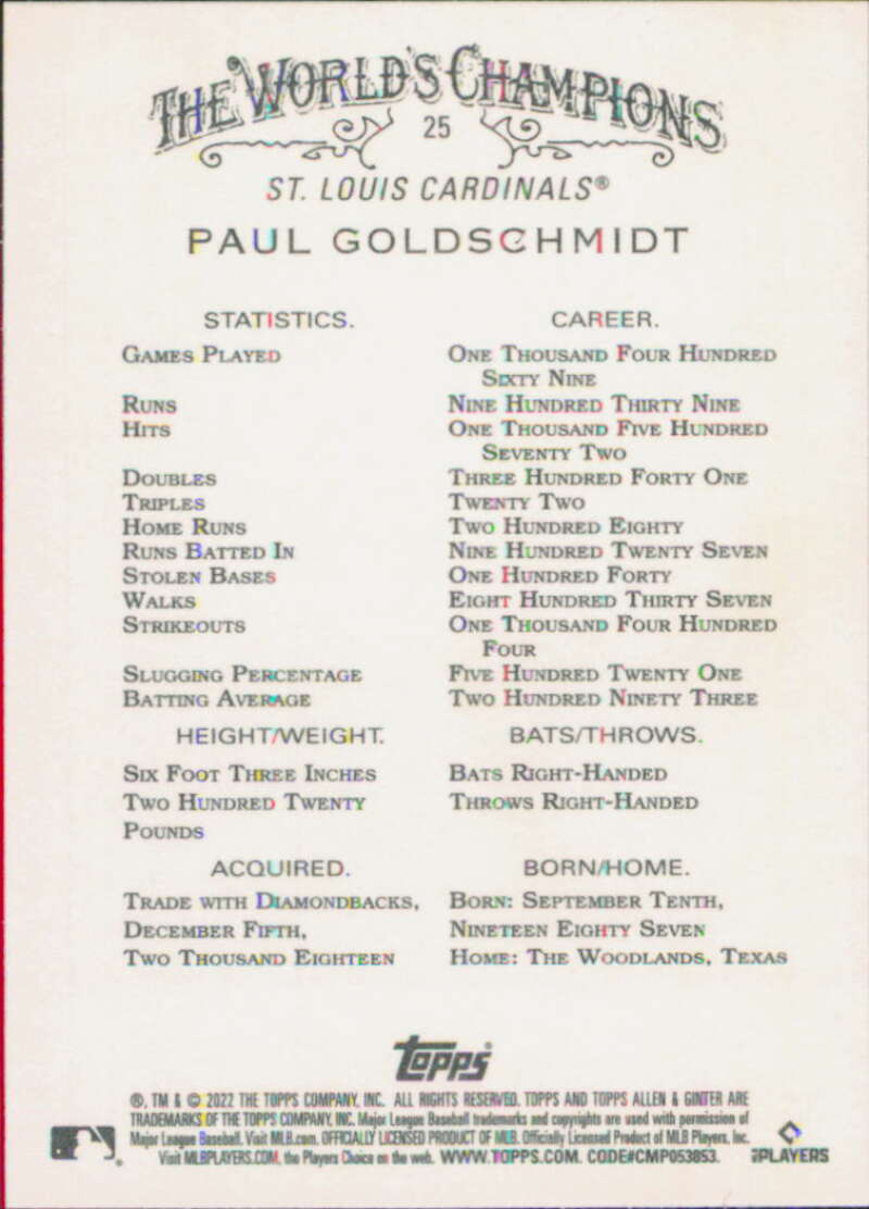 2022 Topps Allen and Ginter Baseaball #25 Paul Goldschmidt  St. Louis  V97122 Image 2